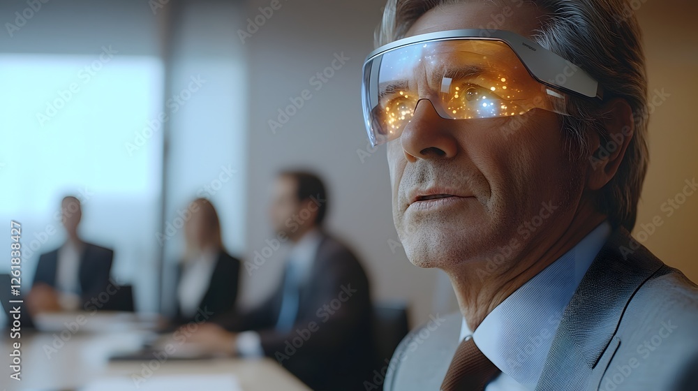 Poster futuristic holographic figures projected in a corporate meeting setting with a blurred office enviro
