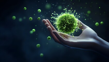 Hand holding virus, microscopic view, dark background
