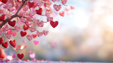 An enchanting love tree set in a dreamy landscape, with branches sweeping down, each adorned with sparkling hearts that catch the light. The overall mood is warm and inviting, perfect for a romantic