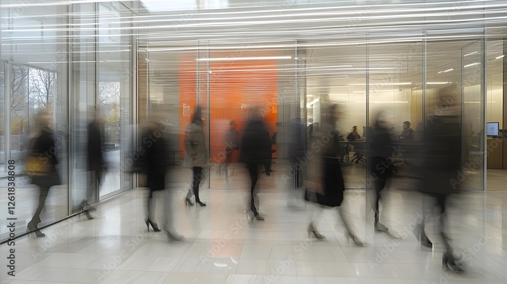 Poster holographic virtual participants gathered in a blurred office setting symbolizing the digital transf