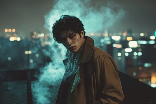Young Man in Trench Coat Night Cityscape Smoke