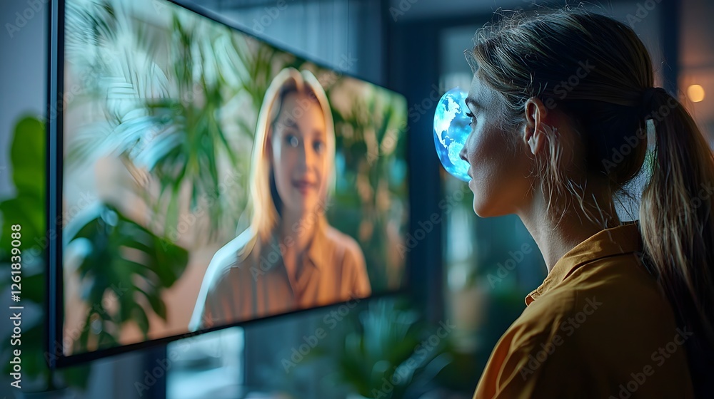 Poster holographic avatars of diverse participants joining a virtual online meeting blurred coworkers visib