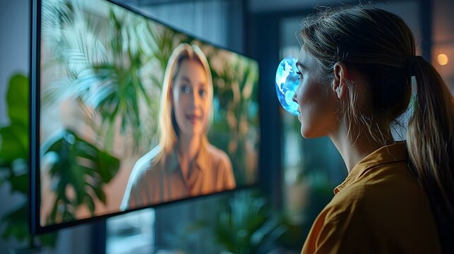 Holographic avatars of diverse participants joining a virtual online meeting blurred coworkers visible in an office environment adding depth and context to the collaborative digital workspace