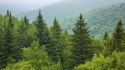 Enchanting Forest Background with Lush Greenery and Sunlight Filtering Through Trees