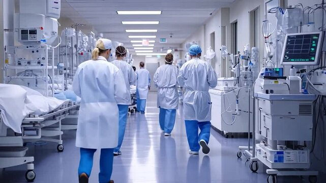 The Quiet Strength of the Medical Team: A group of healthcare professionals walk down a hospital corridor, a sense of purpose evident in their steps.