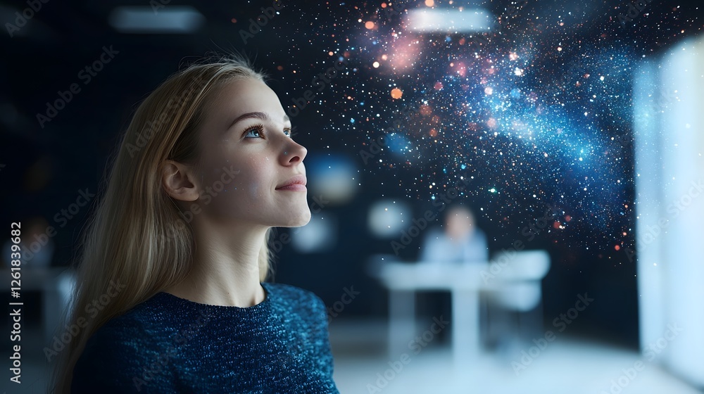 Poster vibrant digital hologram display in a blurred futuristic office setting showcasing the concept of ad