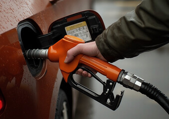 A Close-up of a Hand Holding a Gas Pump Handle to Fill an Orange Car Tank