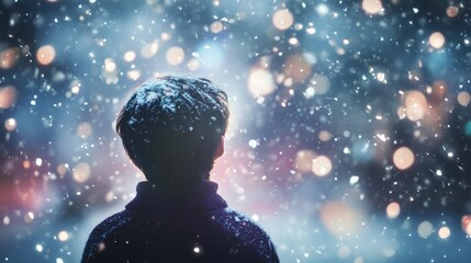 Fototapeta premium Silhouette of a child looking up at the falling snow, surrounded by bokeh lights.