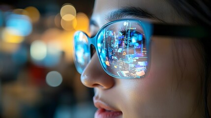 Close up view of futuristic holographic participants engaged in an online video call or conference with a blurred modern office scene visible in the background