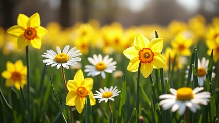Fototapeta premium A garden filled with daffodils and daisies creates a cheerful and inviting atmosphere. The bright petals and lush surroundings celebrate the joy of spring and the happiness flowers bring.