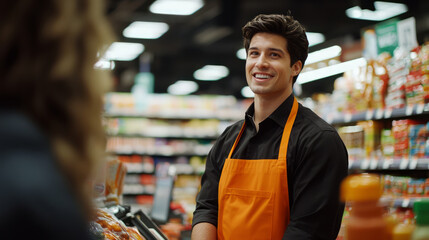 Fototapeta premium An attractive young man working in the retail store, wearing an orange apron, generative AI