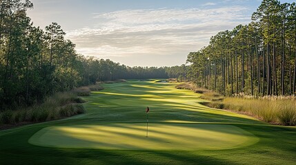 Obraz premium Serene Golf Course Fairway Amidst Tall Pines