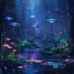 Glowing Swamp Adventure Enchanted Forest Digital Art Sci-Fi Landscape Vibrant Environment Ethereal