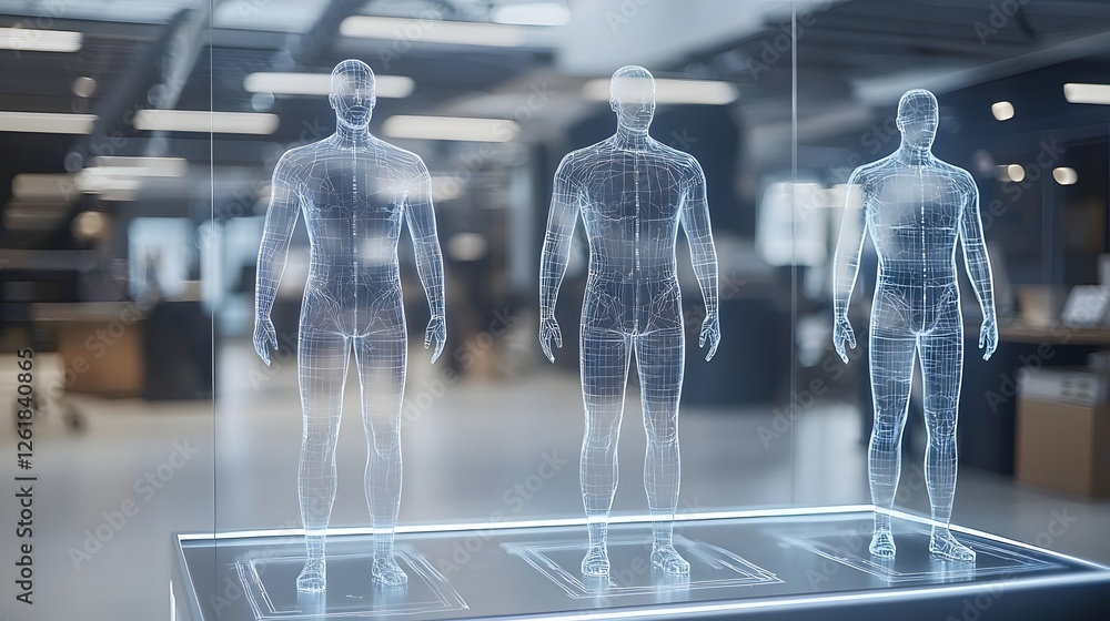 Poster transparent glass like figures in a blurred modern office setting creating an atmosphere for an onli