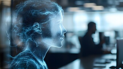 Transparent holographic projections of virtual attendees participating in an online conference blurred office environment in the background