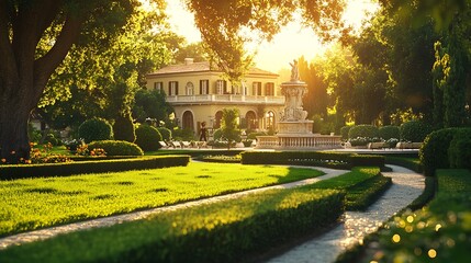 Obraz premium A scenic estate garden being professionally maintained, a landscaper skillfully trimming the lawn, sculpted hedges and symmetrical flower beds enhancing the beauty, a marble statue in the background,