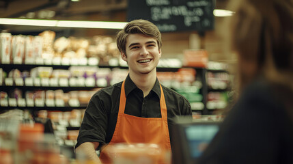 Fototapeta premium An attractive young man working in the retail store, wearing an orange apron, generative AI