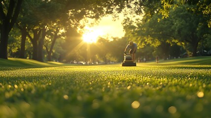 A scenic golf course maintenance scene, a worker carefully mowing the fairway, lush green grass perfectly aligned, trees framing the view, golfers practicing in the background,