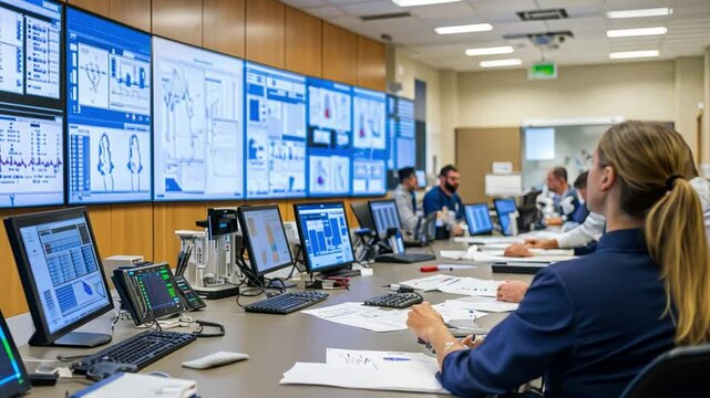 Monitoring the System: A team of dedicated professionals collaborates in a modern control room.