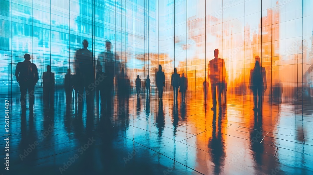 Poster digital meeting showcasing glass like holographic figures blended with blurred coworkers creating a 