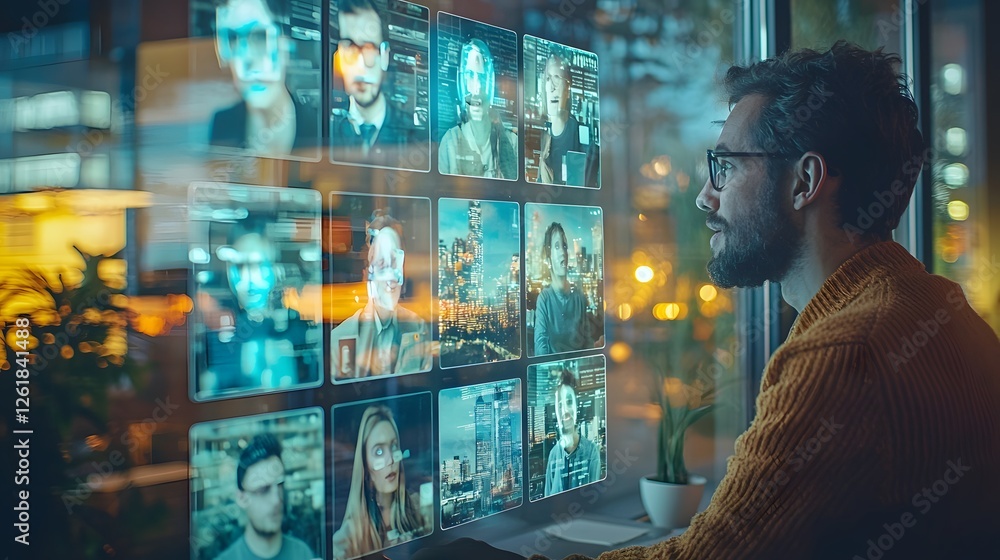 Poster holographic projection of an online discussion or conference in a blurred softly lit office setting 