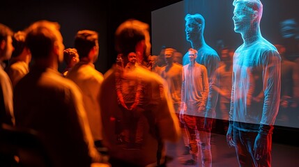 Futuristic digital meeting showcasing glass like holographic figures with blurred coworkers in the background adding depth and a sense of an immersive collaborative workspace