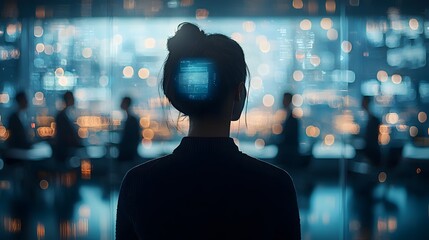 Futuristic virtual meeting scene featuring holographic 3D participants and blurred office staff in the backdrop