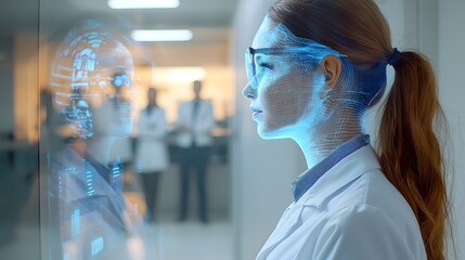 Futuristic virtual meeting scene featuring holographic participants engaged in a digital conference with blurred office staff in the backdrop