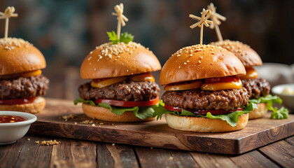 Artistic display of vegetarian sliders on rustic wooden table, culinary delight