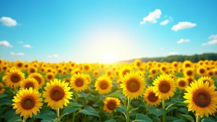Fototapeta premium A field of sunflowers under a blue sky creates a vibrant and uplifting atmosphere. The golden faces turned towards the sun celebrate the energy and warmth of summer and the resilience of nature.