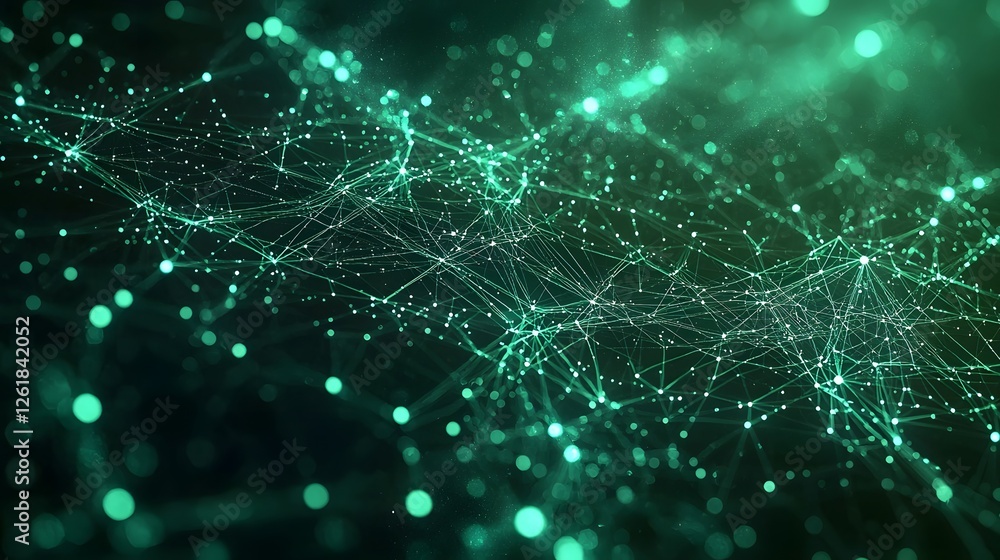 Poster aerial view of a futuristic cityscape with a complex network of glowing digital connections and tech