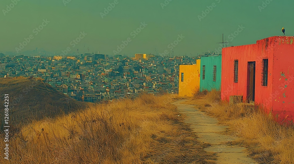Poster high angle aerial view of an interconnected urban landscape with vibrant and colorful pathways build