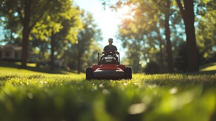 A skilled lawn care worker piloting a large commercial mower through a picturesque landscape, a gentle breeze shifting the tall trees in the background, rich shadows cast by the late afternoon sun,
