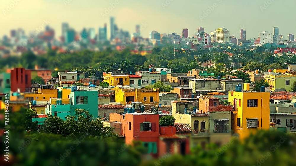 Poster aerial view of a densely populated cityscape with colorful interconnected network pathways and high 