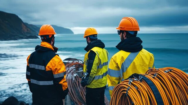 Coastal Cable Installation Team: Three workers in bright safety gear stand on a dramatic coastline, overlooking the ocean waves.  A large spool of cable sits beside them.