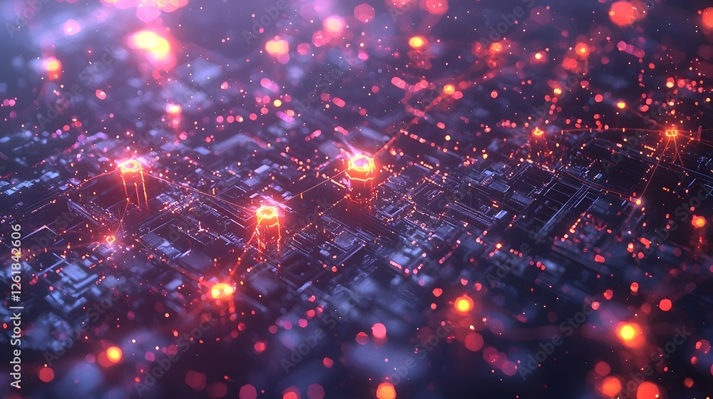 Aufkleber top down perspective of a futuristic urban cityscape with a network of glowing technology nodes conn
