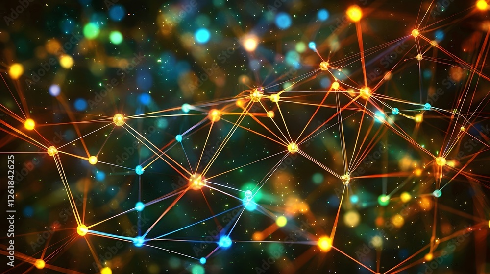 Poster top down perspective showcasing an abstract digital network with glowing interconnected nodes and il