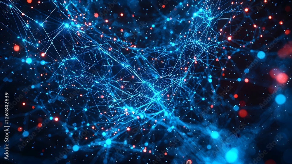 Poster top down perspective of a futuristic urban network with illuminated tech nodes and lines representin