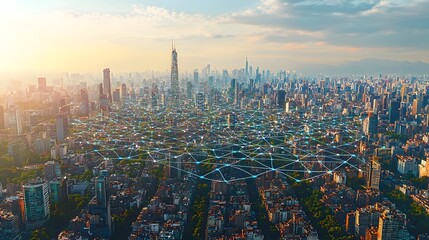 Aerial view of a digital network grid overlaying a sprawling metropolitan cityscape showcasing the interconnectedness and technological advancements transforming modern urban environments