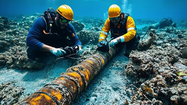 Submerged Task: Two divers, clad in bright yellow helmets and scuba gear, meticulously work on a large underwater cable, surrounded by vibrant coral reefs and the deep blue expanse.