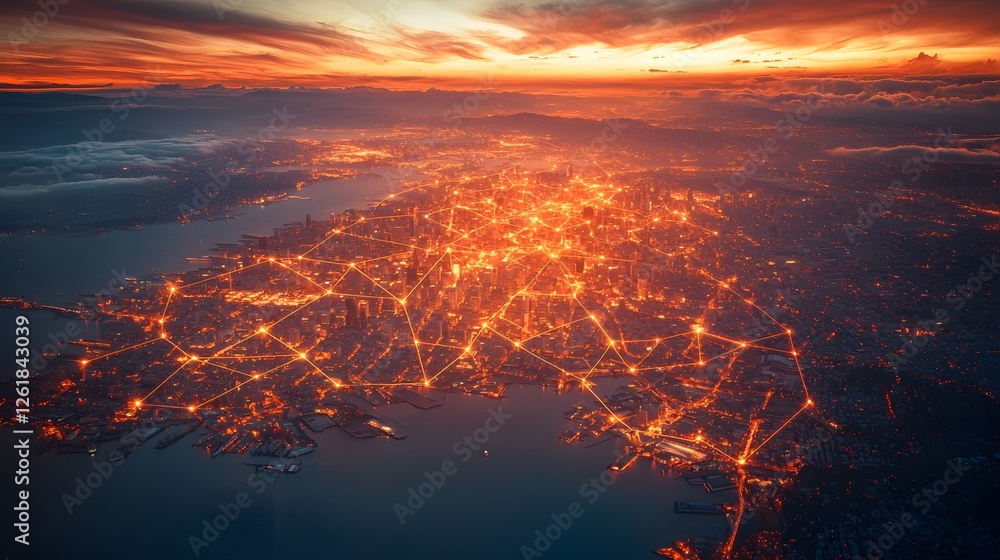 Poster aerial view of a luminous interconnected cityscape with a glowing network of lights linking key poin