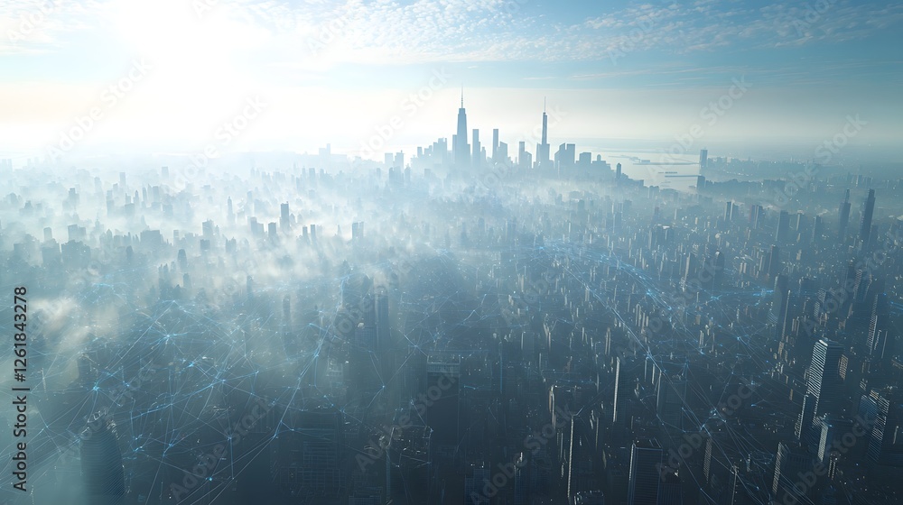 Poster aerial view showcasing a futuristic network visualization spanning the skyline of an expansive techn