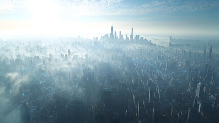 Aerial view showcasing a futuristic network visualization spanning the skyline of an expansive technology driven metropolis  The image depicts a dynamic