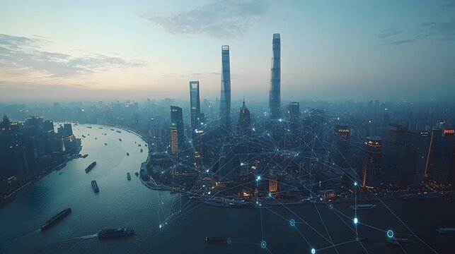 Futuristic networked city skyline spanning an urban metropolitan landscape from an aerial viewpoint showcasing a complex network of buildings infrastructure transportation