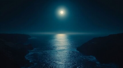 Fototapeta premium Moonlit ocean cove, cliffs, night, serene, travel