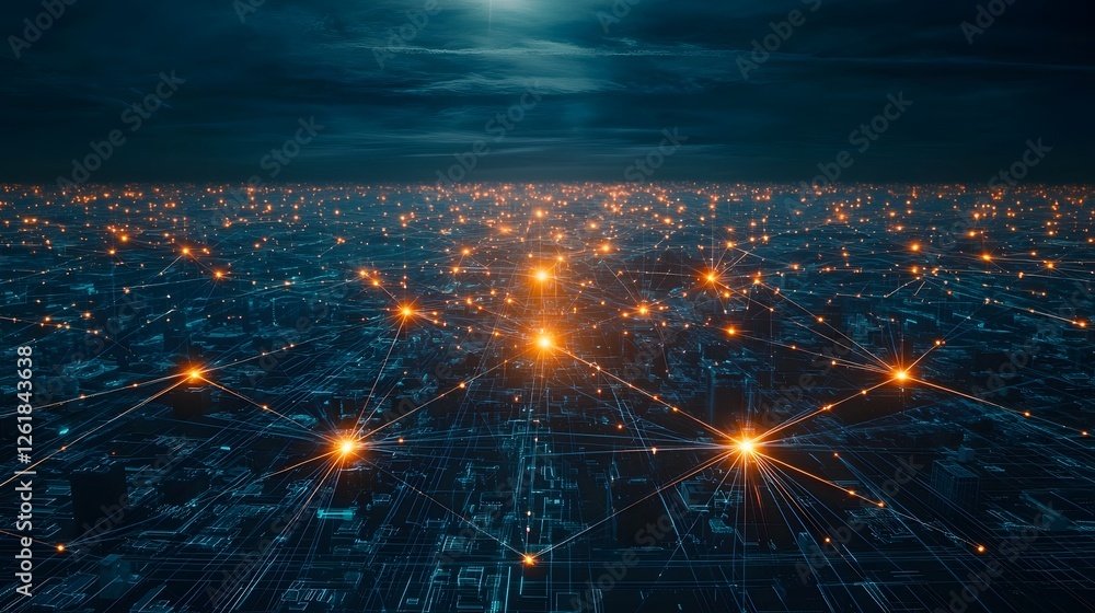 Poster aerial visualization of an intricate urban network of interconnected technological systems and digit