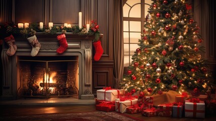 fireplace gifts under christmas tree