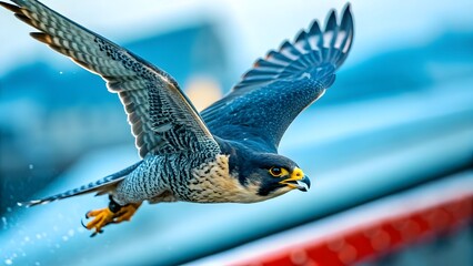 Fototapeta premium A dramatic image of a Peregrine Falcon diving at top speed, its sharp beak and focused eyes locked onto its prey.