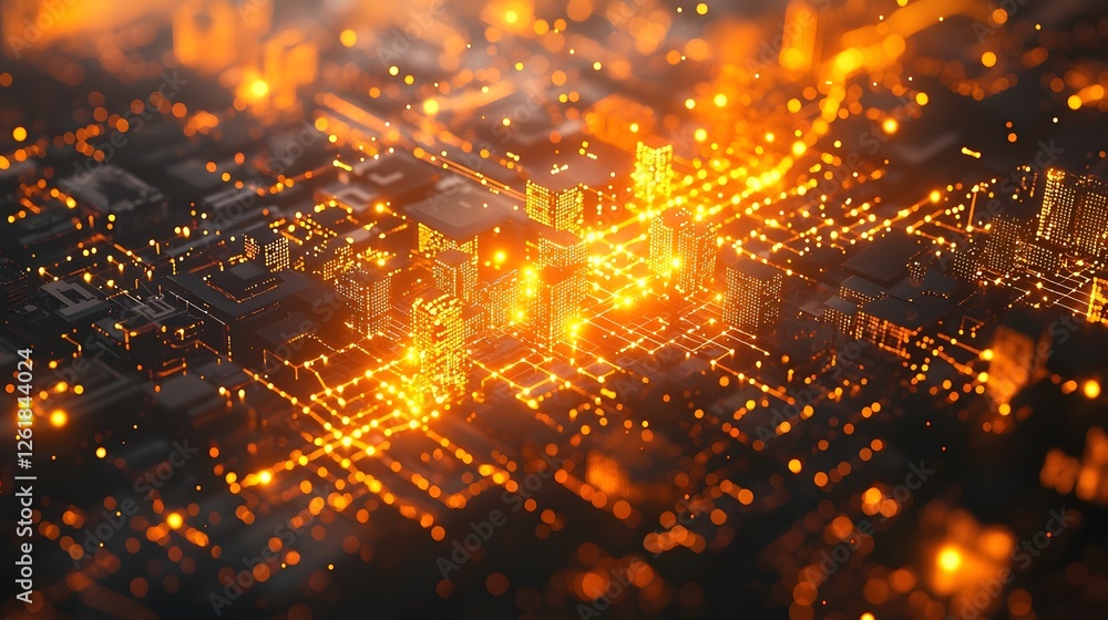 Poster glowing pathways of a futuristic cityscape network visualized from a bird s eye angle showcasing the
