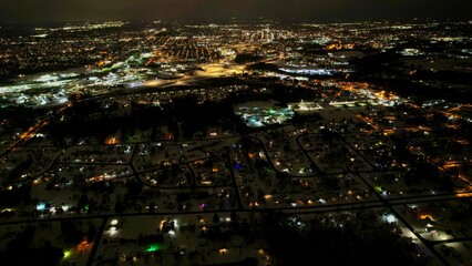 drone shot of downtown canton ohio on a chilly December night